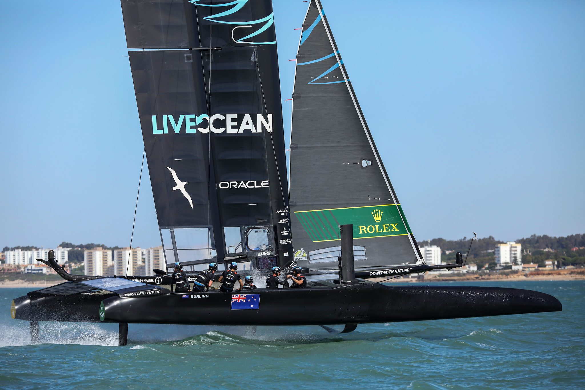 New Zealand SailGP Team co-helmed by Peter Burling and Blair Tuke in action during a practice session ahead of Spain SailGP, Event 6, Season 2 in Cadiz, Andalucia, Spain. 7th October 2021. Photo: Felix Diemer for SailGP. Handout image supplied by SailGP