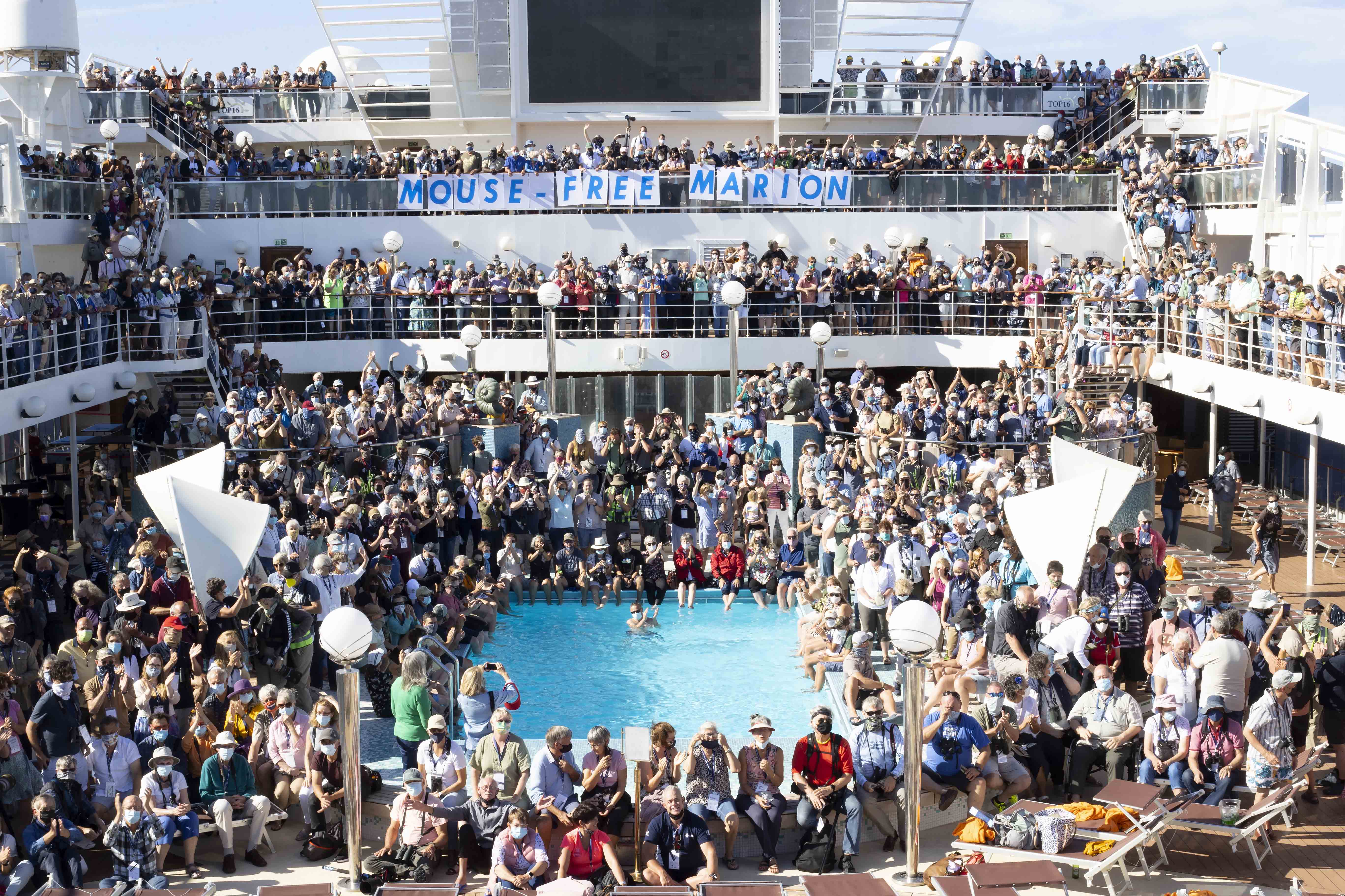 Flock to Marion pax on pool deck Michael Mason Mark Anderson