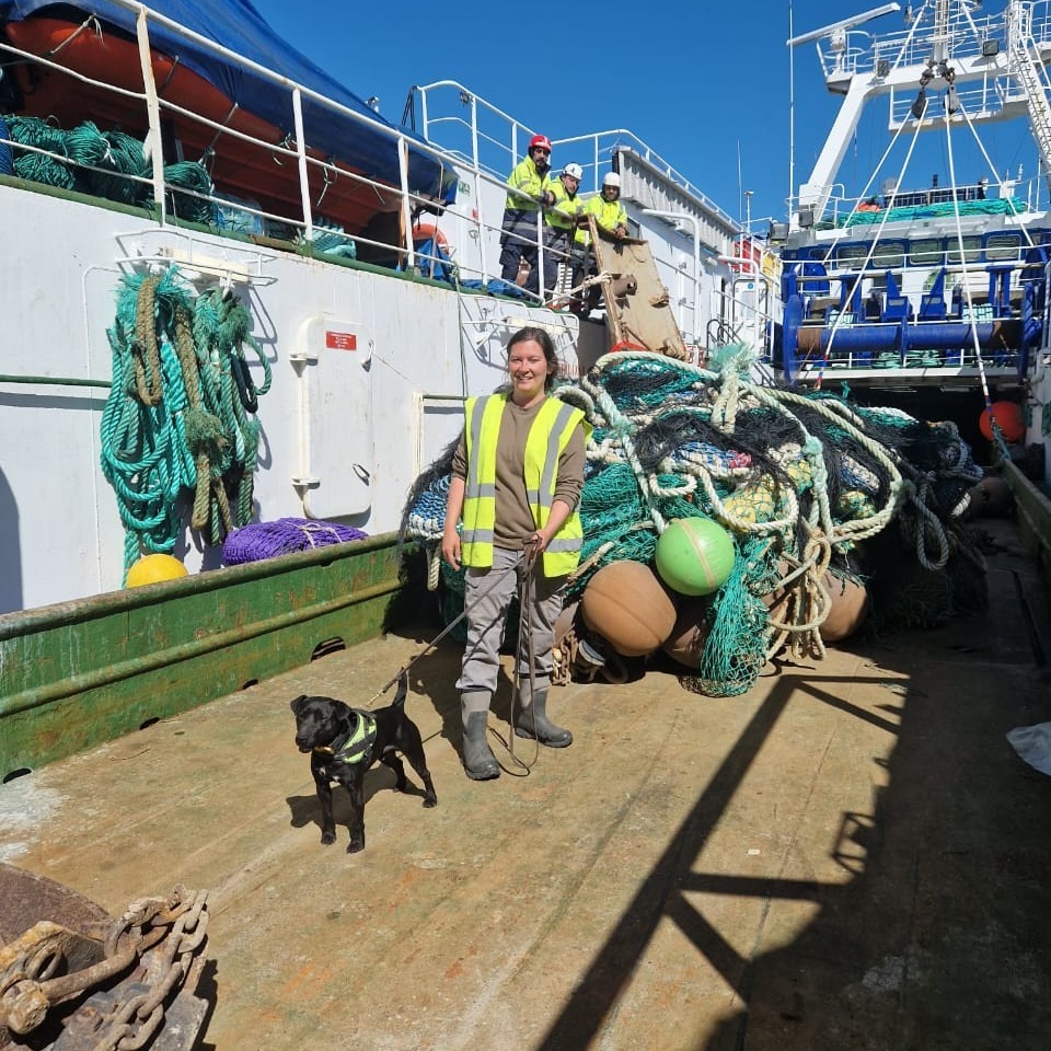 Naomi and King check a fishing vessel Falkland Islands